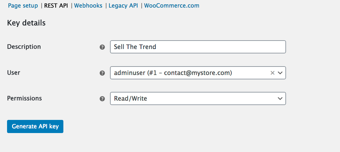 Generate API key screen in WooCommerce