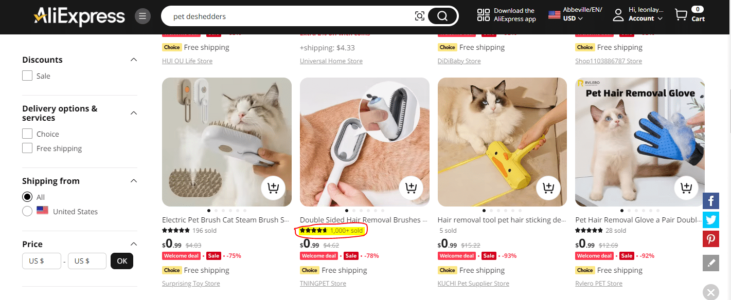 Image of AliExpress product page where you can find a winning product by looking at quantity of a product sold