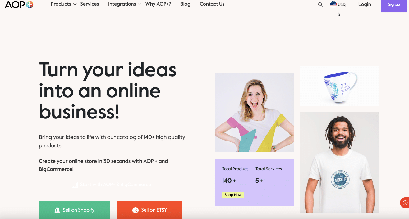 AOP+ integrates with Shopify, Etsy, and other platforms.