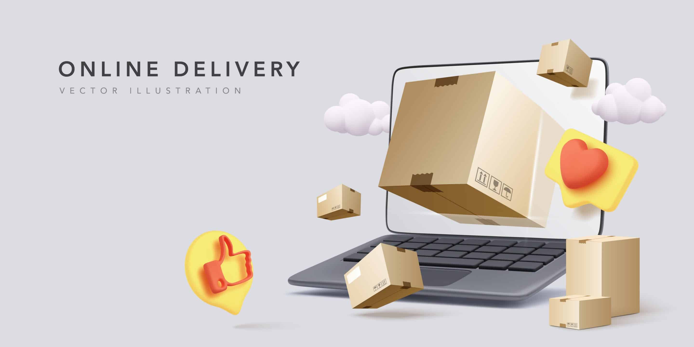 online-delivery-banner-with-realistic-laptop-parcels-clouds-social-icons-realistic-style