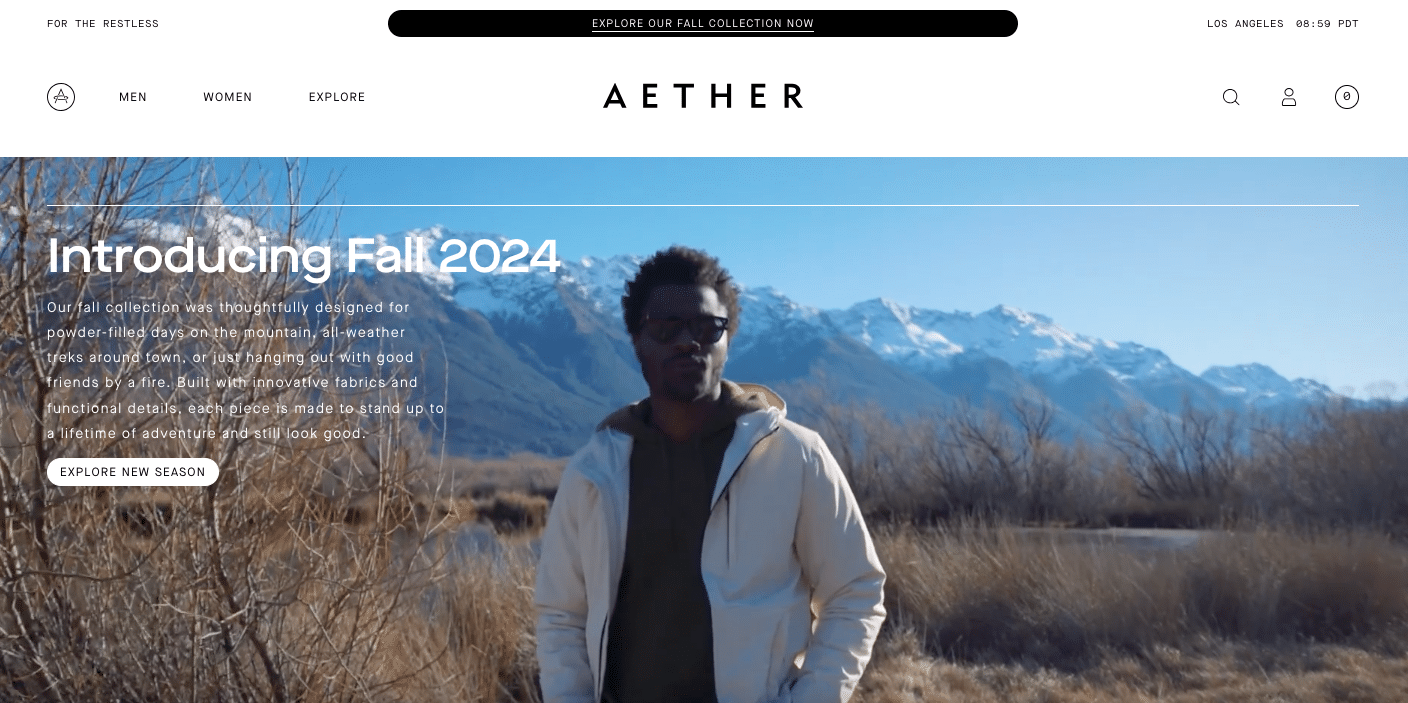 Aether Apparel sells premium outdoor clothing.