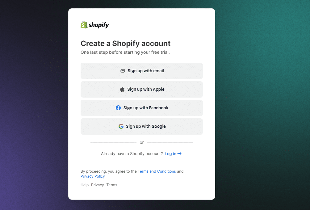 Image of email confirmation page while creating Shopify account